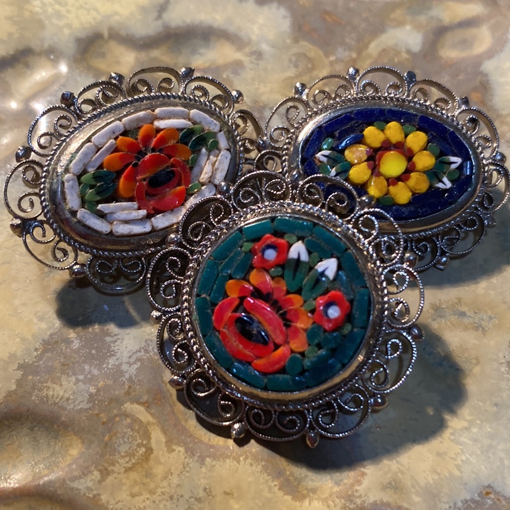 Mini Mosaic filigree brooches from Italy